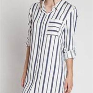 Zara Gray White Stripe SINGLE Pocket Tunic Button-Down Lagenlook 3/4 Sleeves L